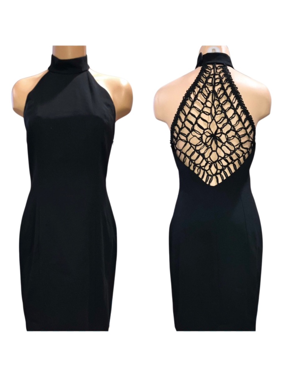 Vintage 90s Laundry by Shelli Segal Black Crochet High Neck Halter Dress Sz 6 - Picture 2 of 10